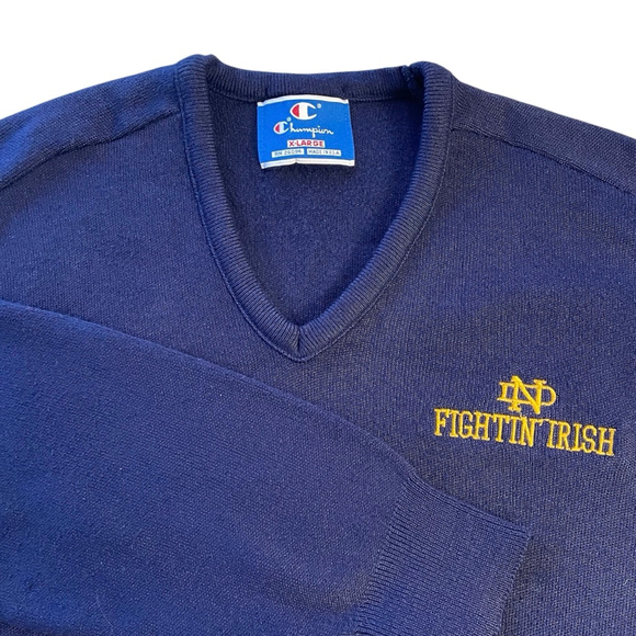 VINTAGE 80's Champion Notre Dame Fighting Irish V-Neck Sweater XL made in USA - Picture 1 of 11